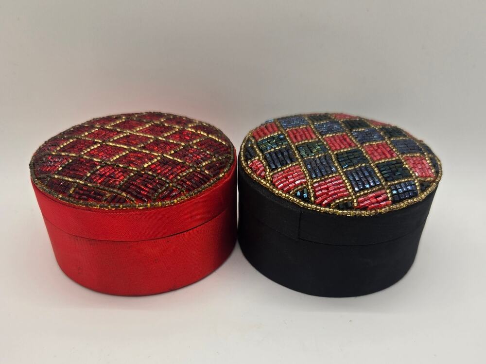 Vintage Hand Embroidered Jewelry Boxes Fabric Beaded Trinket Box Round 4in